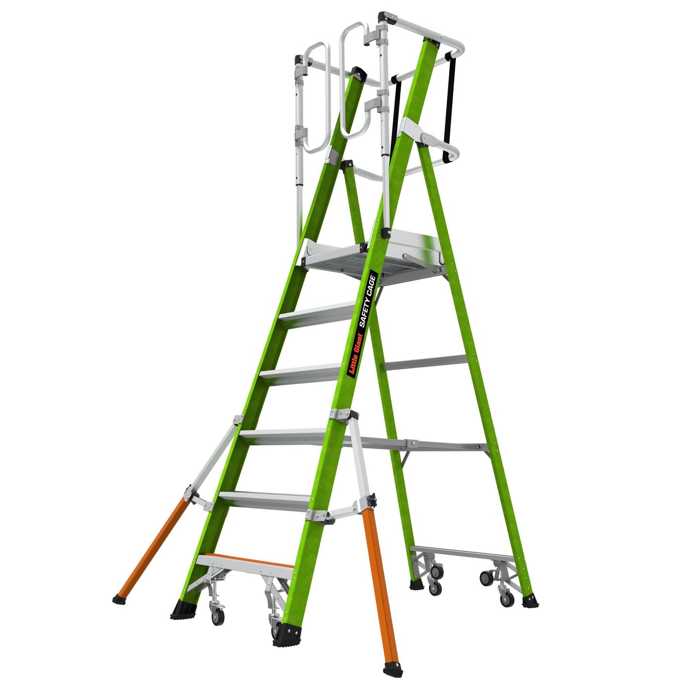 Little Giant Safety Cage plattformsstige i grønn glassfiber med sikkerhetsbøyle, støttebein og hjul