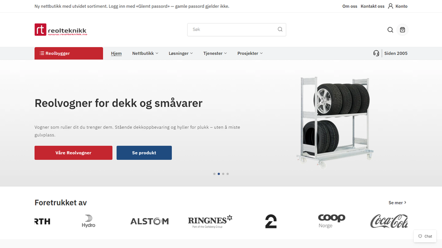 Forsiden på den nye Reolteknikk-nettsiden med Reolbygger i menyen