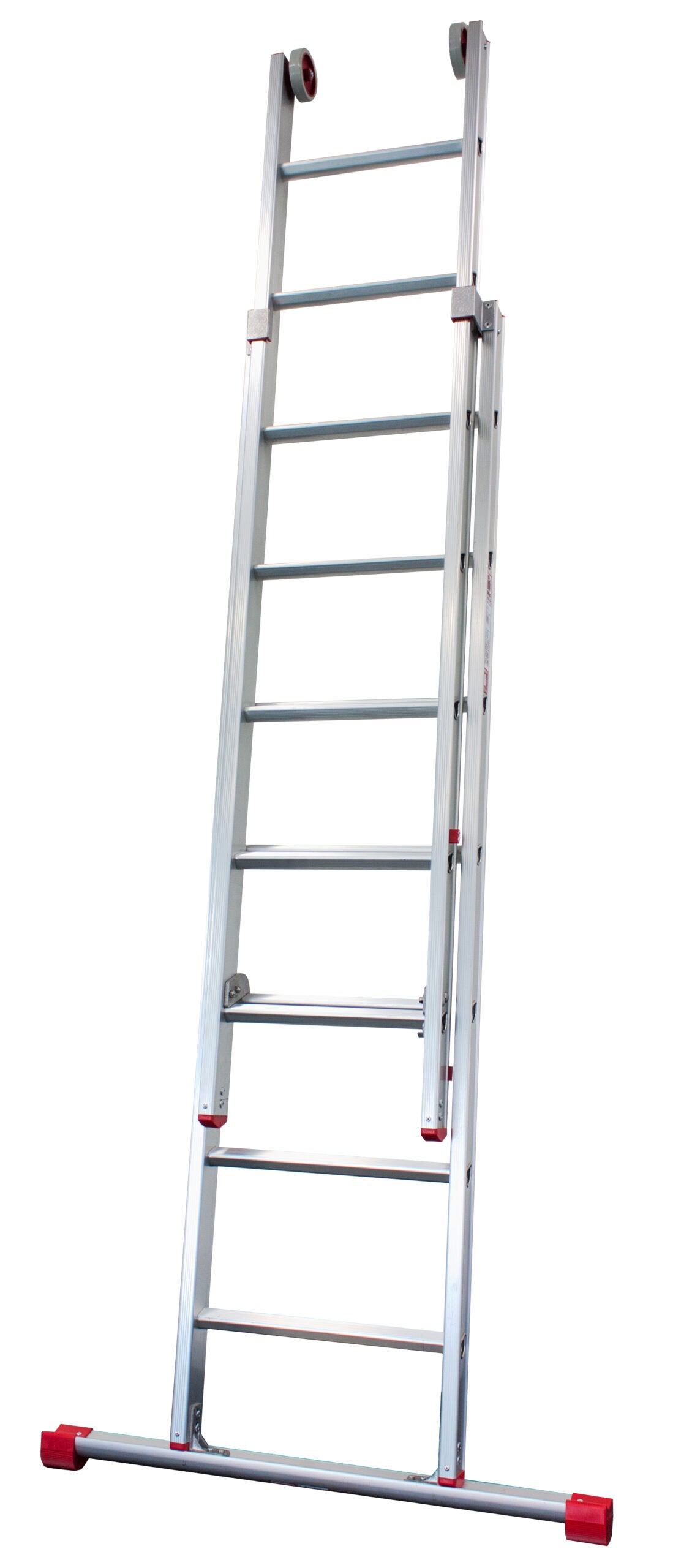 Super Proffs skyvestige i aluminium med to seksjoner, rød stigefot og topphjul