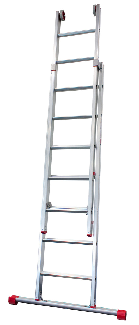 Super Proffs skyvestige i aluminium med to seksjoner, rød stigefot og topphjul