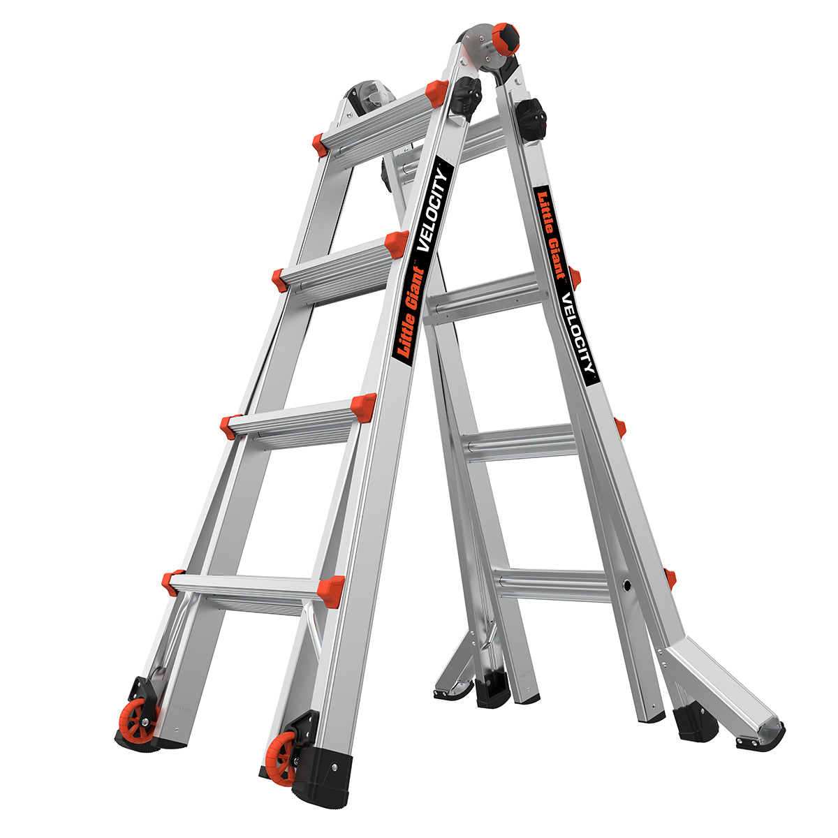 Little Giant Velocity kombistige i aluminium oppstilt som A-stige med røde hjul
