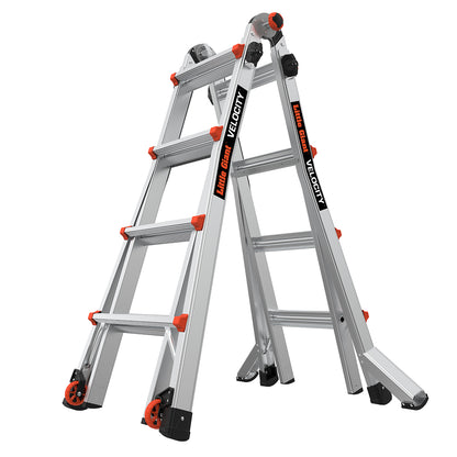 Little Giant Velocity kombistige i aluminium oppstilt som A-stige med røde hjul