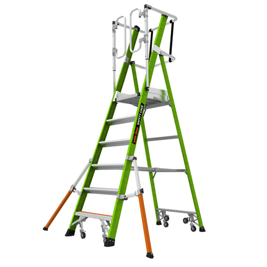Little Giant Safety Cage plattformsstige i grønn glassfiber med sikkerhetsbøyle, støttebein og hjul