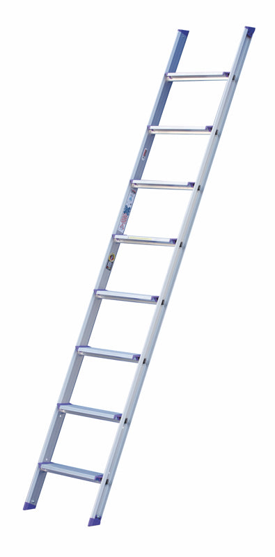 Anliggende lagerstige Pro Classic i aluminium med brede flate trinn og blå endebeslag