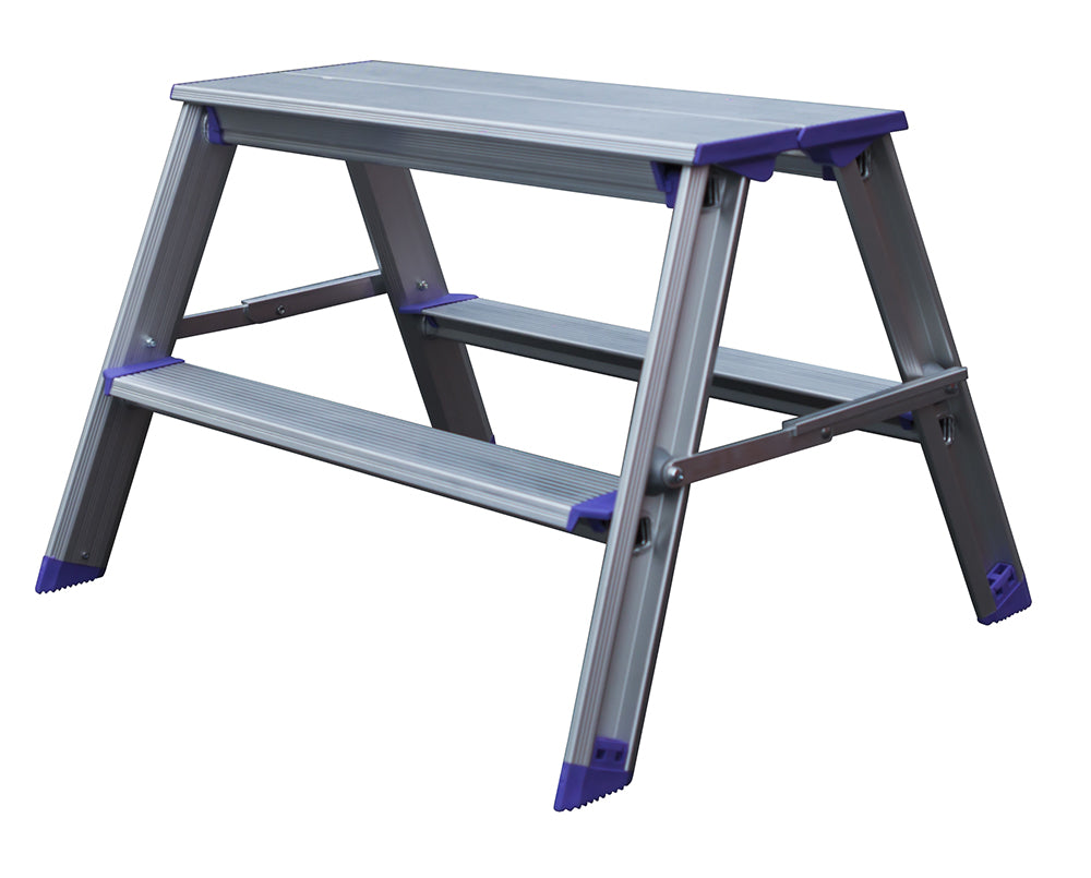 Bred arbeidsbukk Pro Classic i aluminium med plattform og to trinn, lilla hjørnebeslag