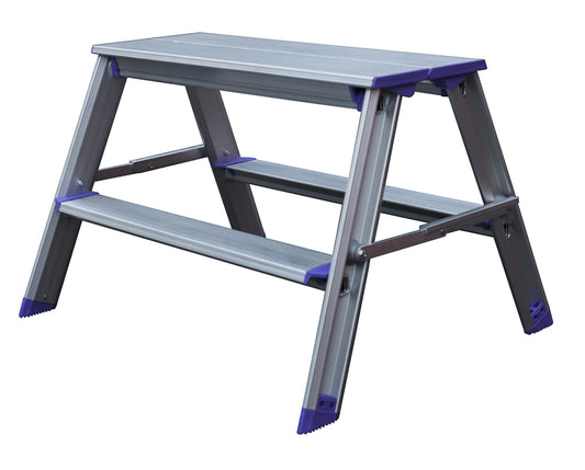 Bred arbeidsbukk Pro Classic i aluminium med plattform og to trinn, lilla hjørnebeslag