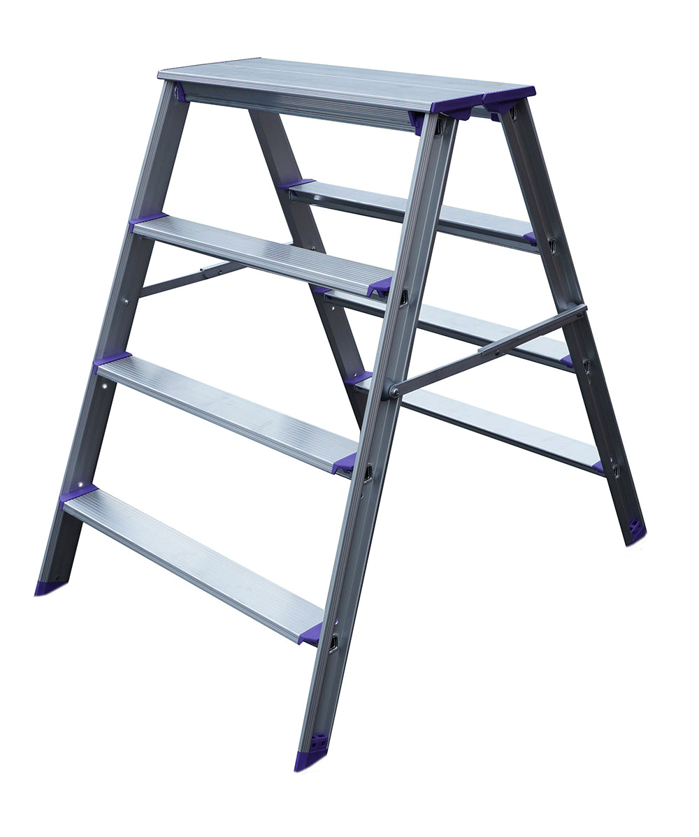 Bred tosidig arbeidsbukk Pro Classic i aluminium med fire trinn på hver side