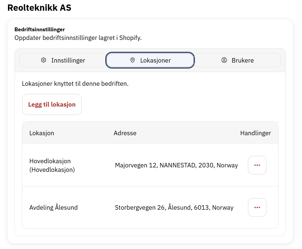 Bedriftsinnstillinger under Profil, med fanene Innstillinger, Lokasjoner og Brukere