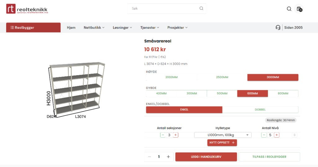 Enkel visning av småvarereol på produktsiden, med mål, pris og knappen Tilpass i Reolbygger