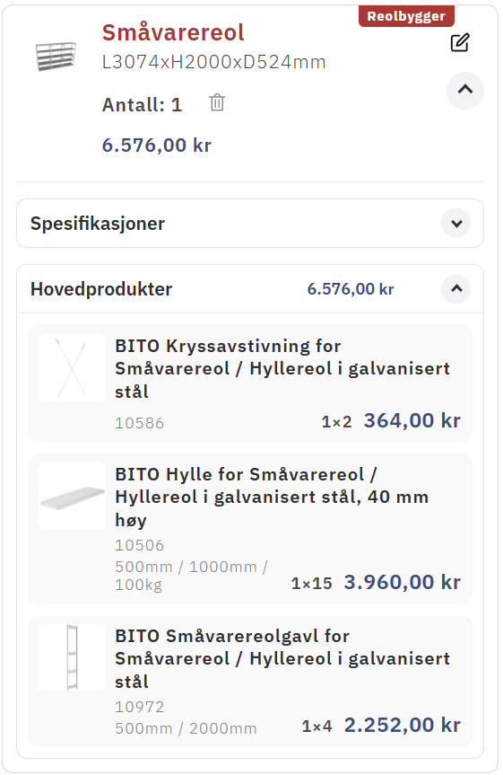 Reolbygger-løsning i handlekurven med hovedbilde, mål, spesifikasjoner og delelist